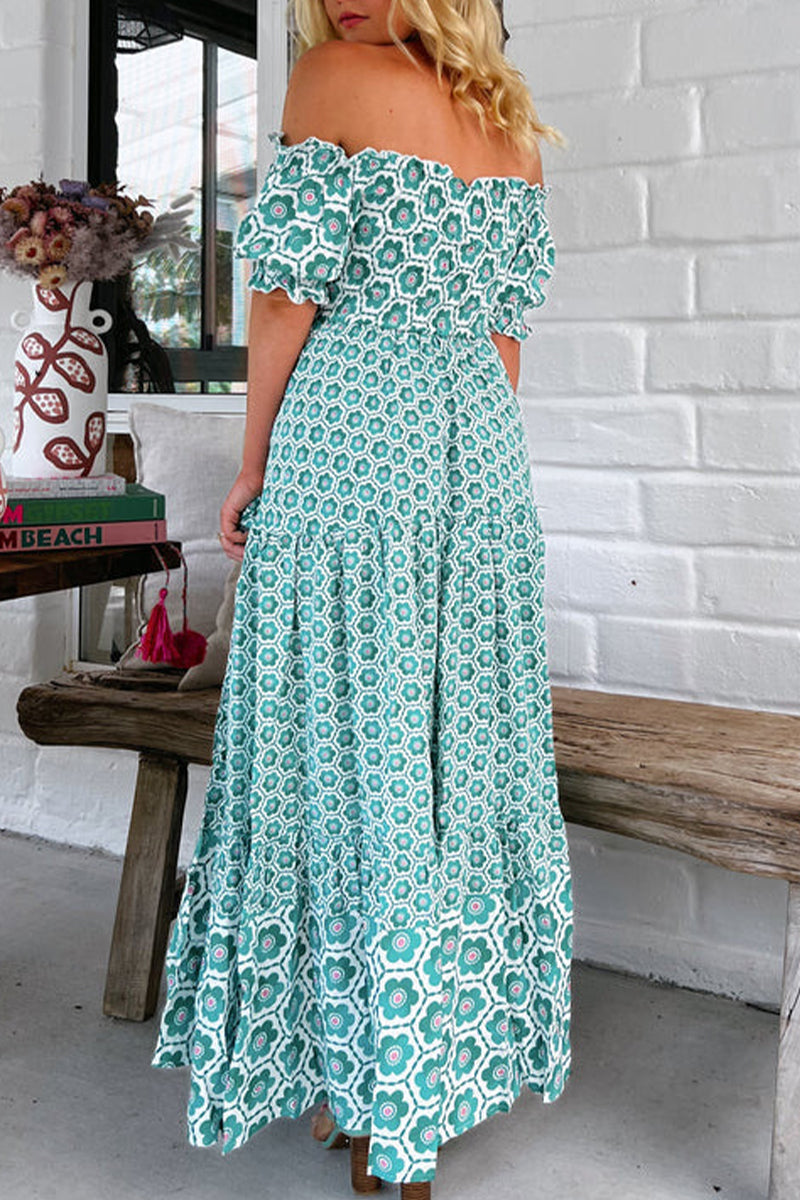 Antonella® | Casual off shoulder short sleeve dress with geometric print and contrast