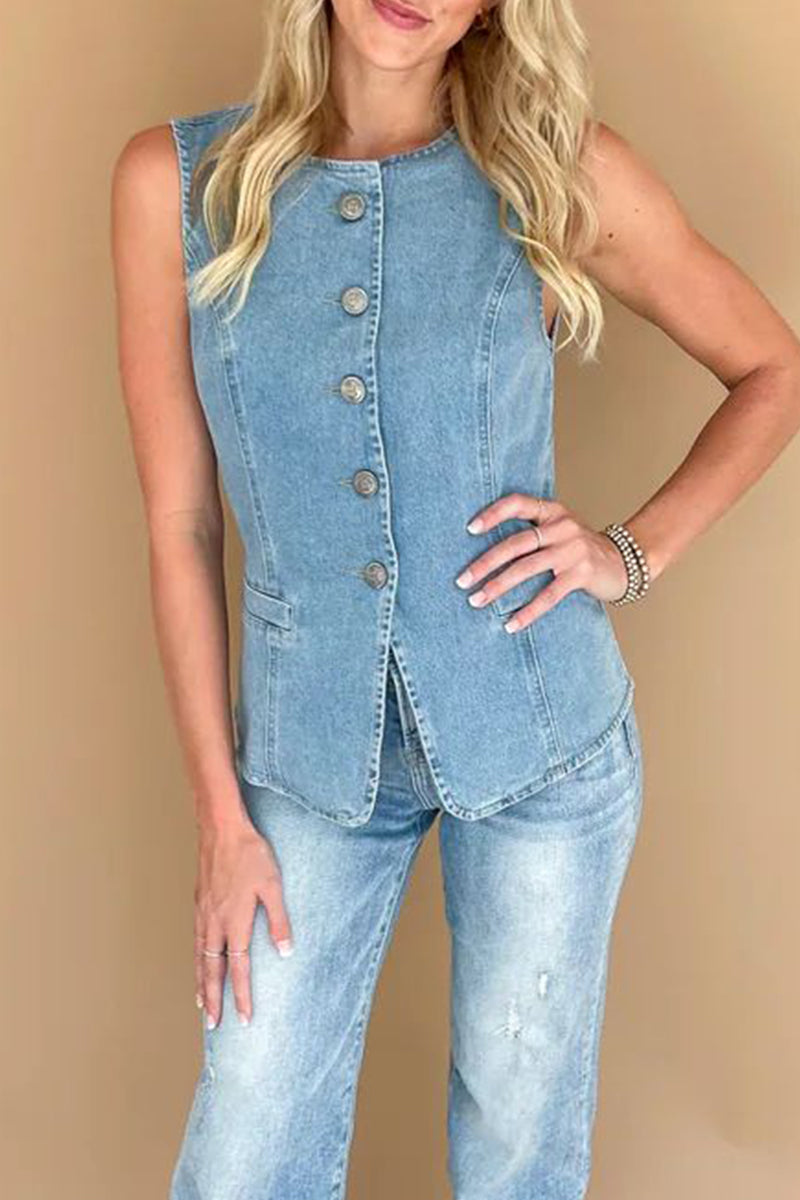 Andrea® | Casual daily sleeveless regular denim jacket with buttons and O-neck
