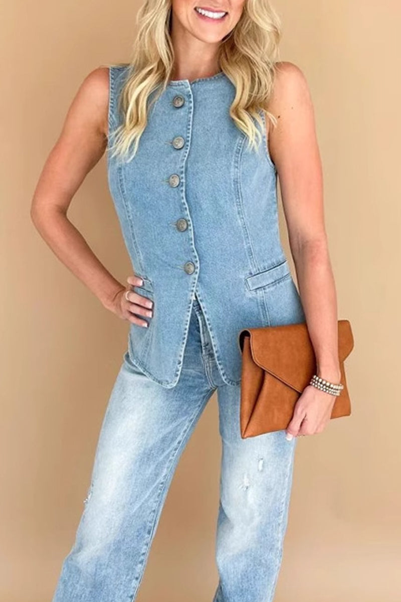 Andrea® | Casual daily sleeveless regular denim jacket with buttons and O-neck