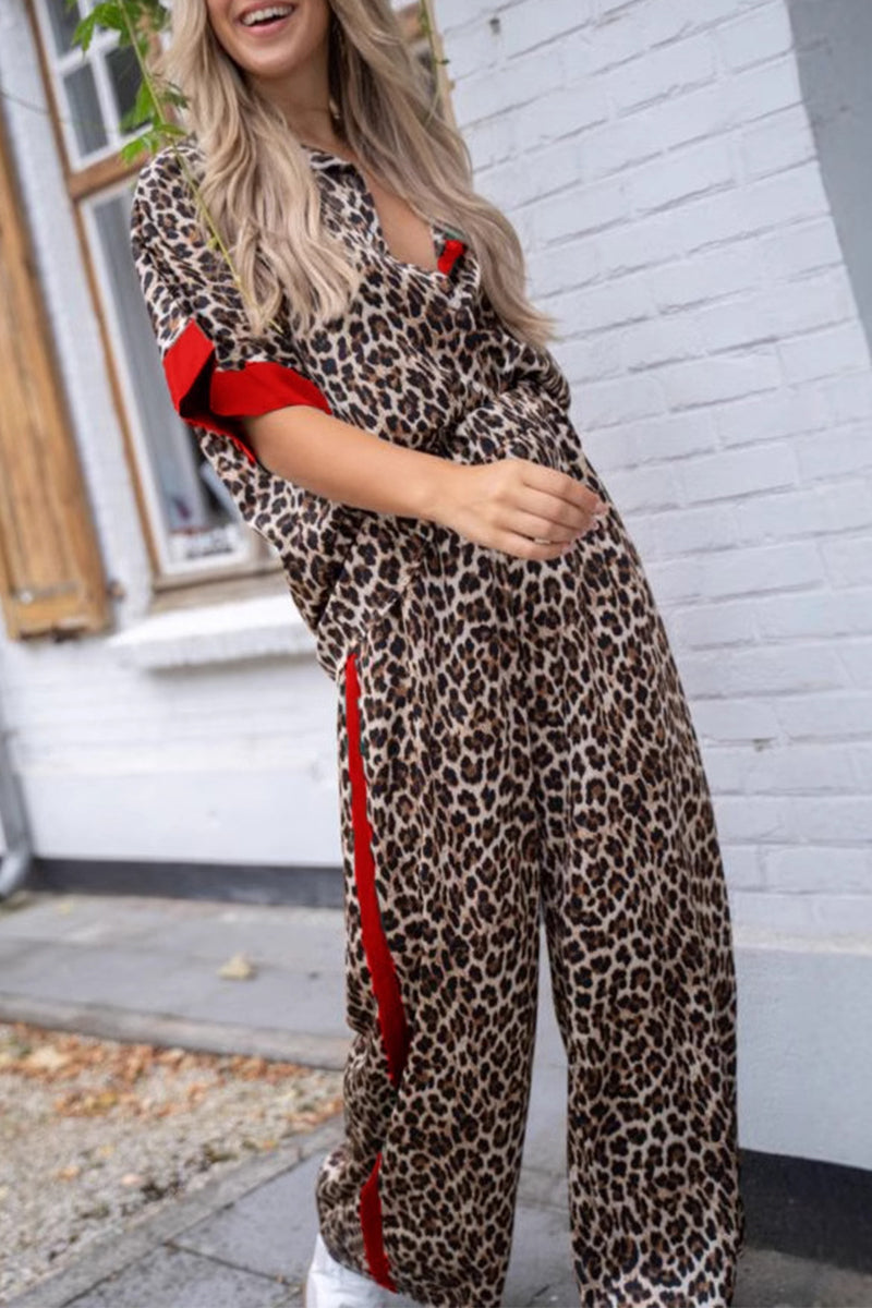 Alba® | Casual Street Leopard Patchwork Turn-Down Collar Short Sleeve Two Piece Suit (3 Colors)
