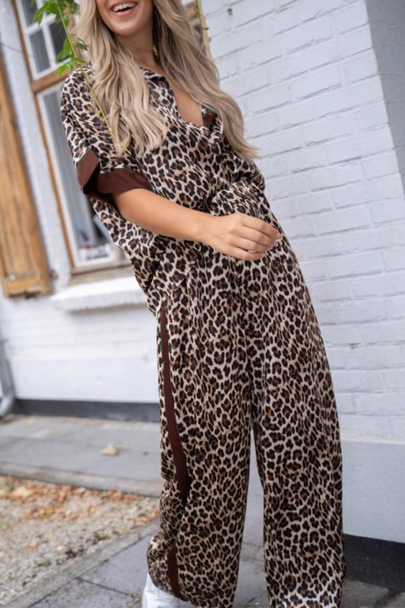 Alba® | Casual Street Leopard Patchwork Turn-Down Collar Short Sleeve Two Piece Suit (3 Colors)