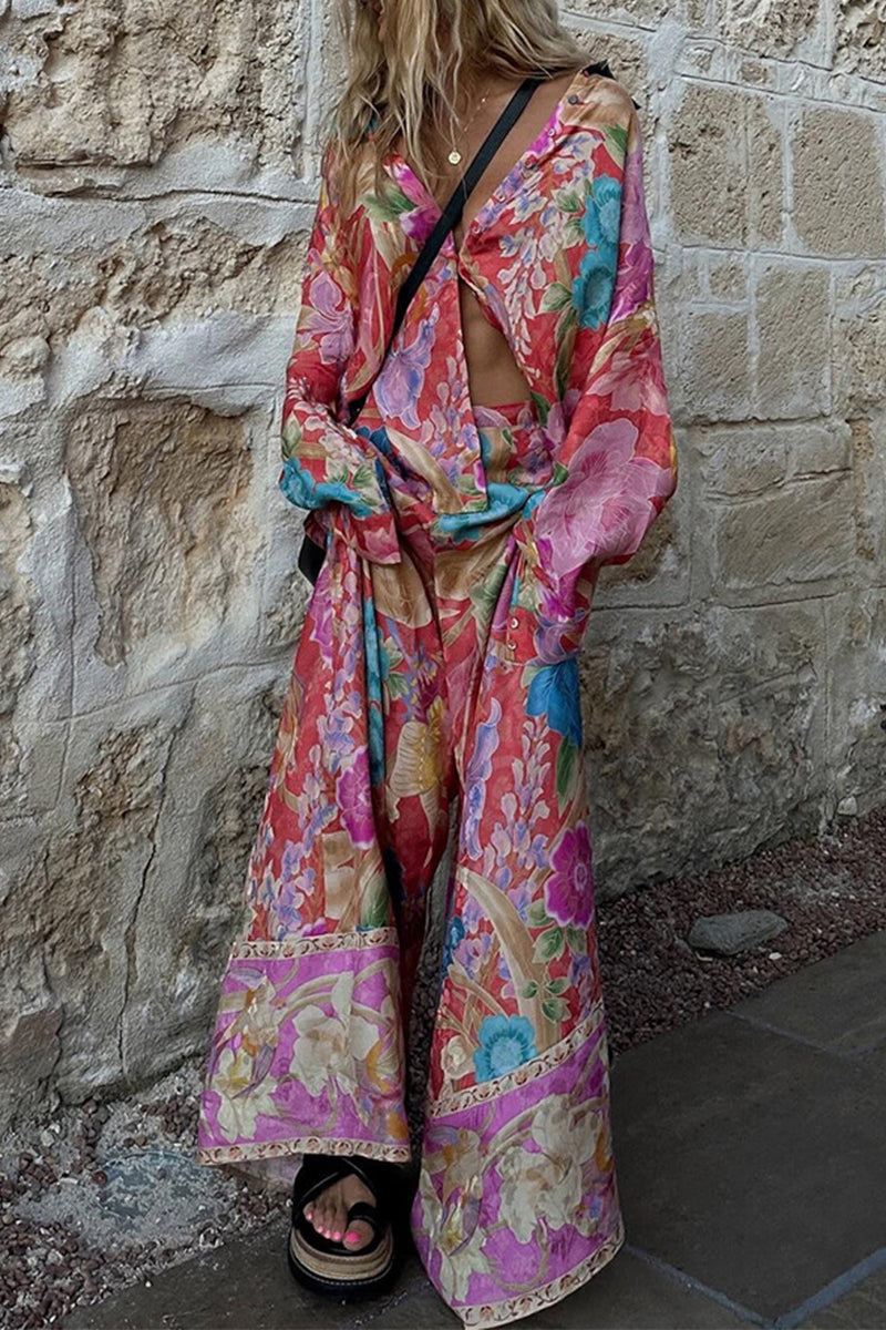Agustina® | Casual two-piece suit with floral print, pocket, contrast turn-down collar, long sleeves