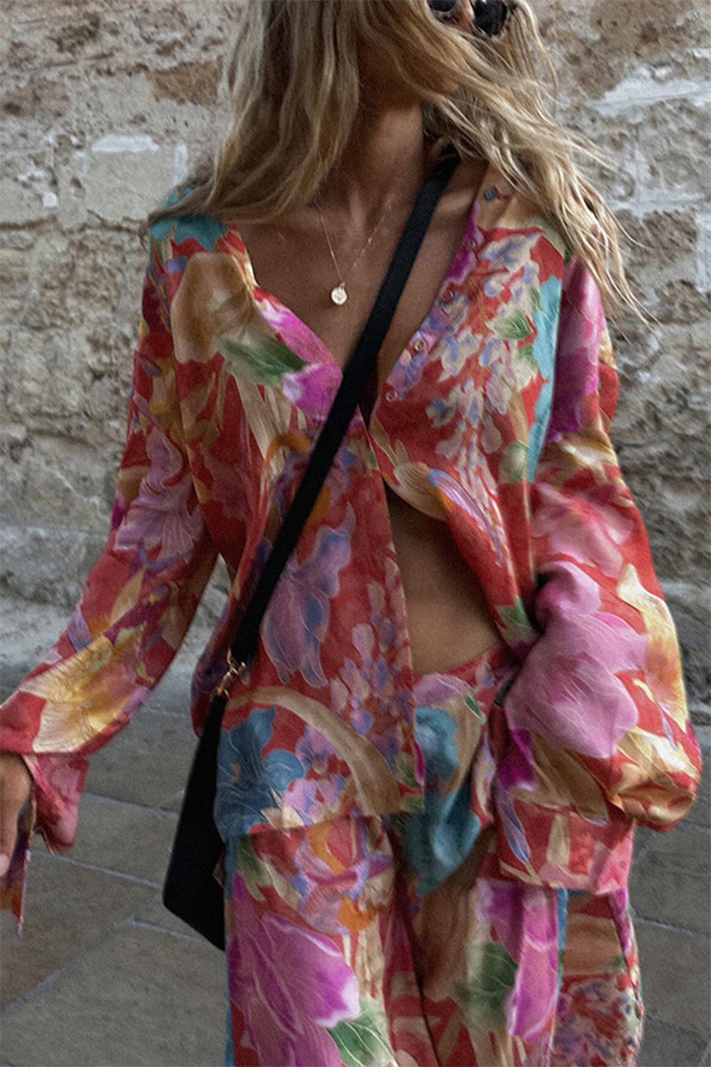 Agustina® | Casual two-piece suit with floral print, pocket, contrast turn-down collar, long sleeves