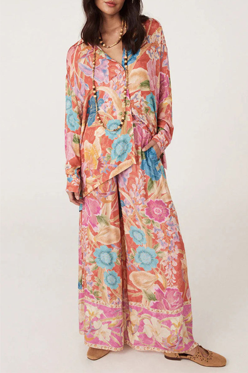 Agustina® | Casual two-piece suit with floral print, pocket, contrast turn-down collar, long sleeves