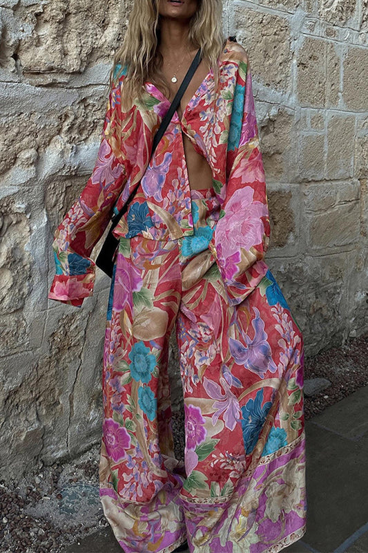 Agustina® | Casual two-piece suit with floral print, pocket, contrast turn-down collar, long sleeves