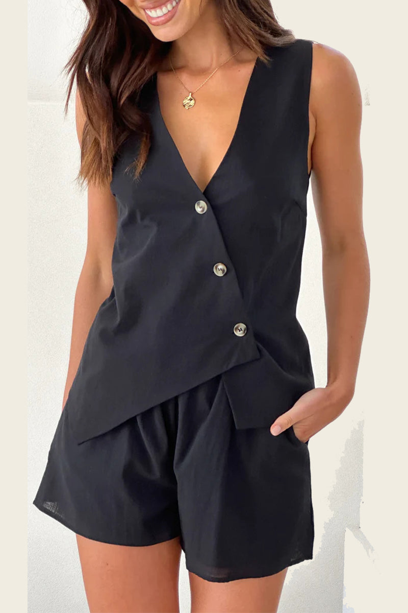 Amanda® | Casual everyday buttons, irregular V-neck, sleeveless, two-piece