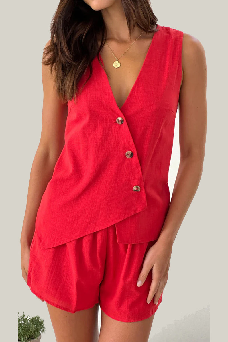 Amanda® | Casual everyday buttons, irregular V-neck, sleeveless, two-piece