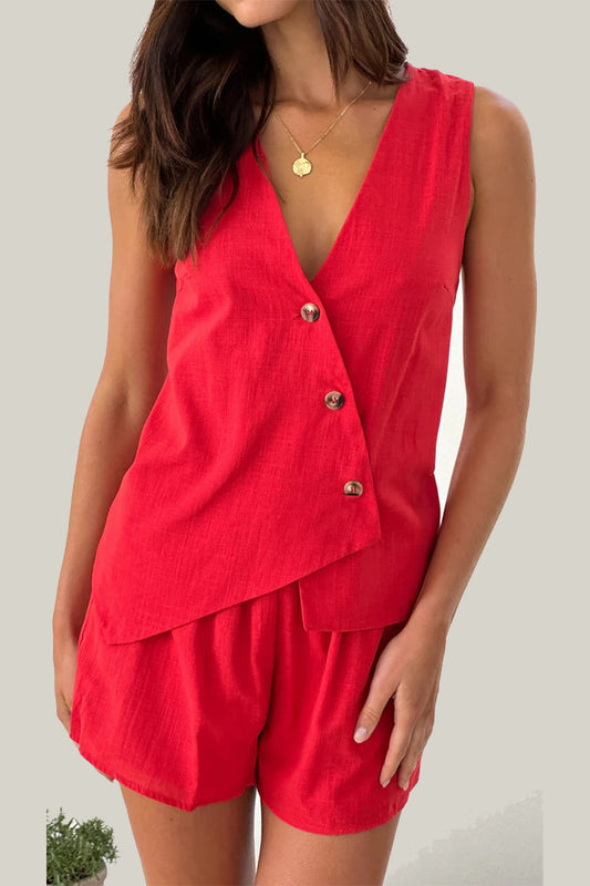 Amanda® | Casual everyday buttons, irregular V-neck, sleeveless, two-piece