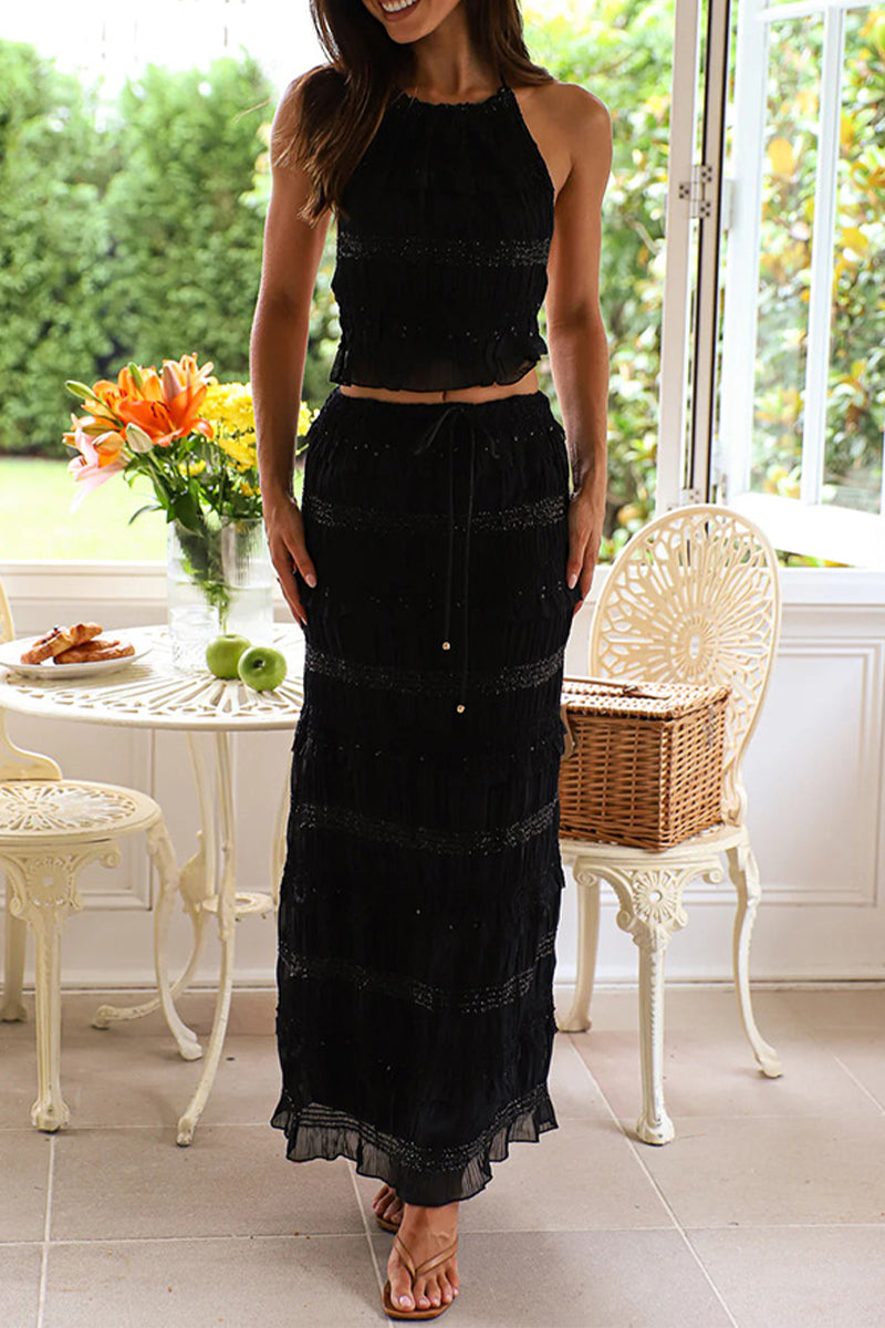 Eliana® | Elegant Backless Lace Halter Top And Maxi Skirt Set