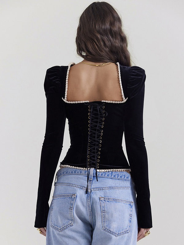 Asela® | Charming Blouse With A Square Neckline And Velvet Finish