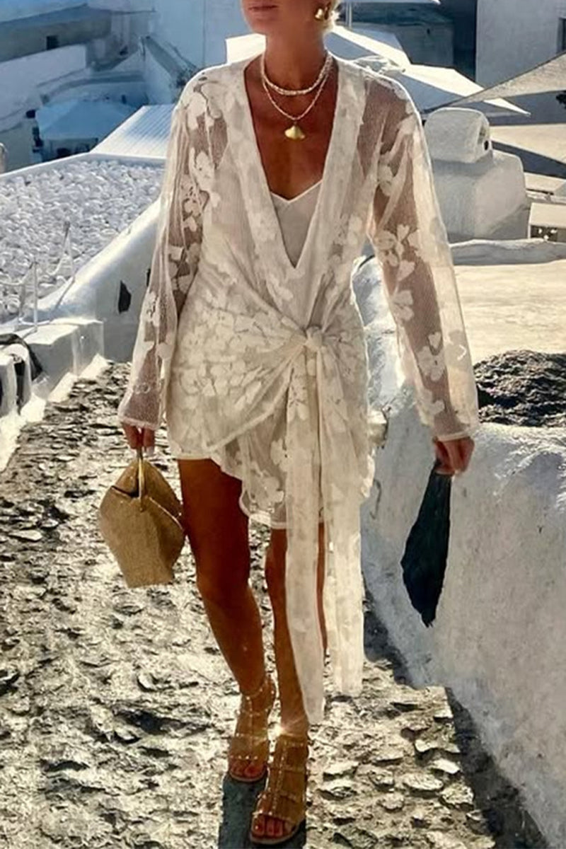 Edith® | Sexy Holiday Floral Lace Lace Up Swimwear Cover Up