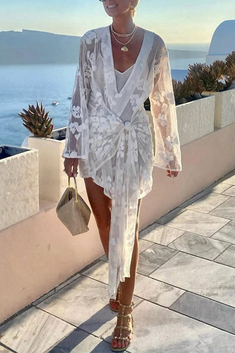 Edith® | Sexy Holiday Floral Lace Lace Up Swimwear Cover Up