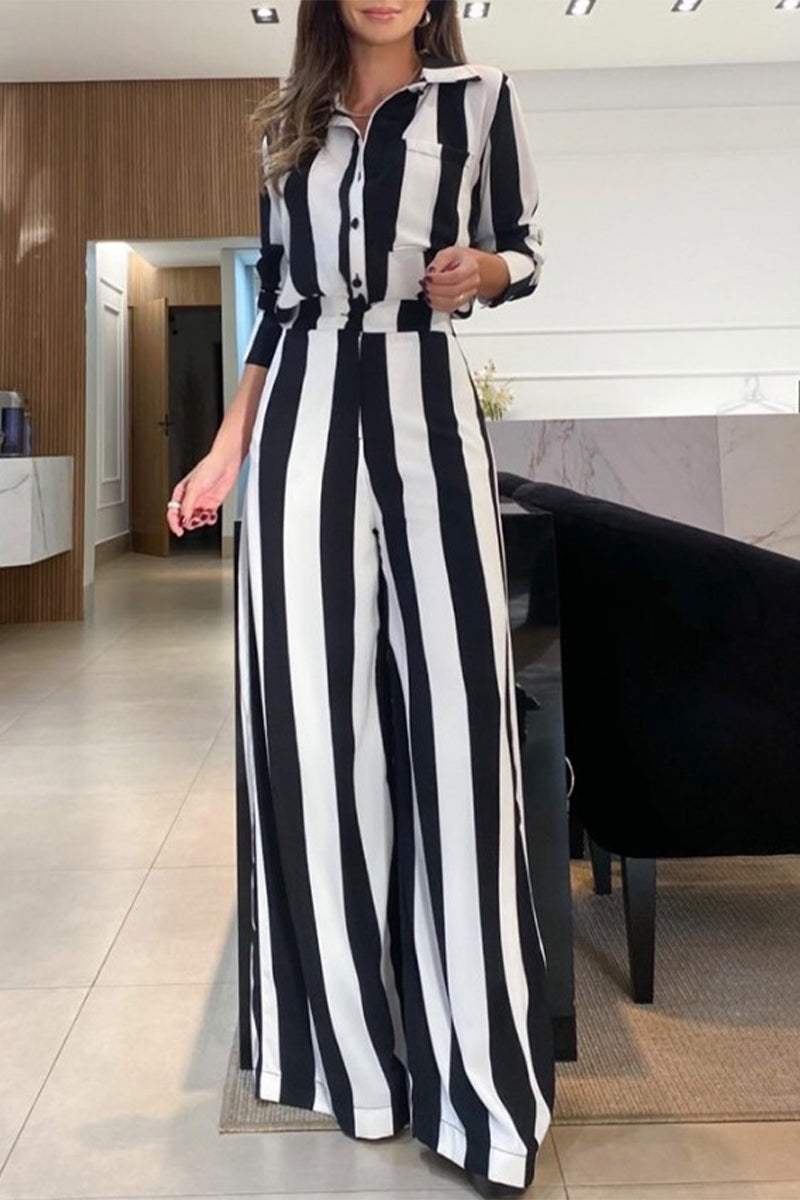 Diana® | Casual striped pocket patchwork contrast turn-down collar long sleeve two piece suit