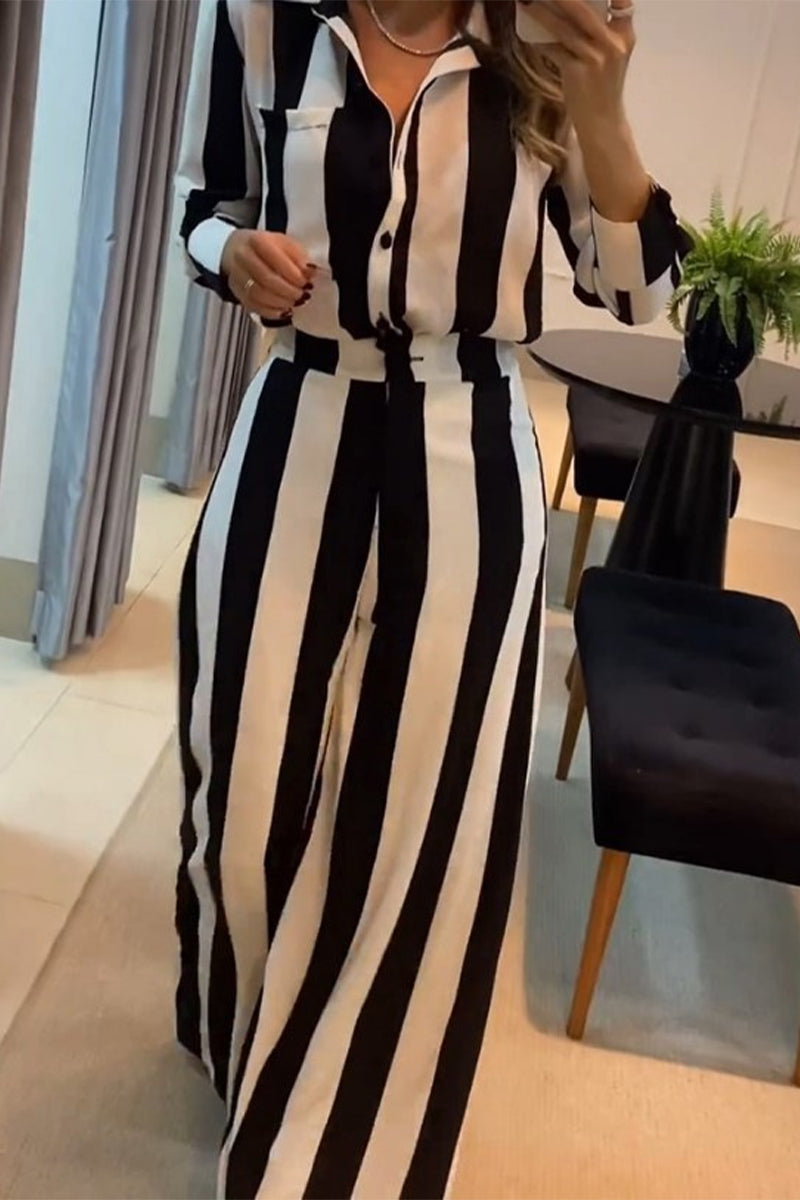 Diana® | Casual striped pocket patchwork contrast turn-down collar long sleeve two piece suit