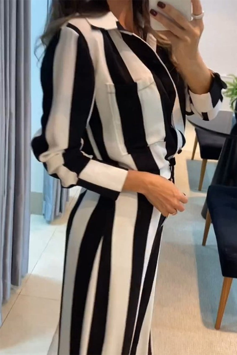 Diana® | Casual striped pocket patchwork contrast turn-down collar long sleeve two piece suit