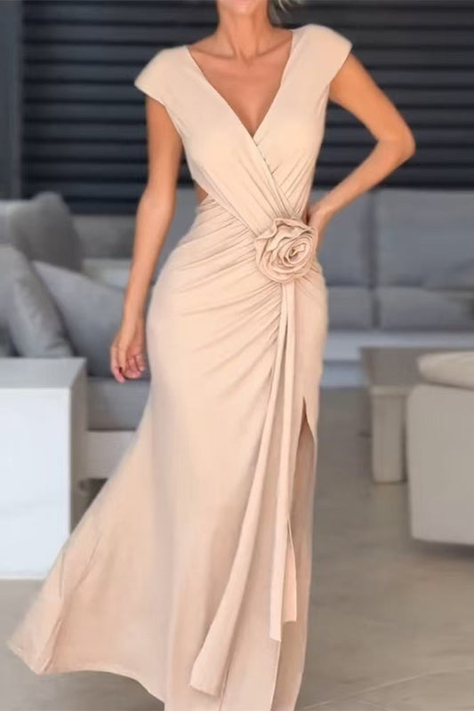 Dalia® | Sexy floral evening dresses with slit and ruffles and V-neck