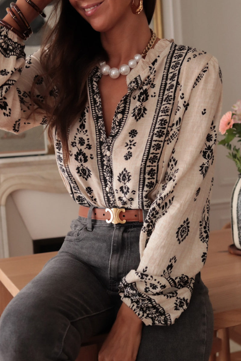 Celeste® | Prominent blouses with geometric print and buttons, lotus leaf collar