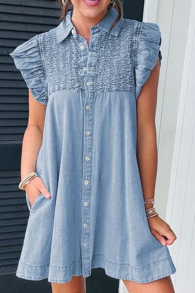 Angela® | Smocked denim dress with collar and cap sleeves
