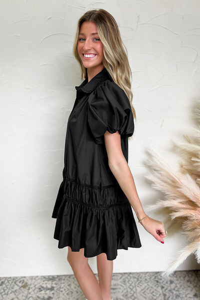 Autumn® | Dress with button placket, puff sleeves and ruffled hem
