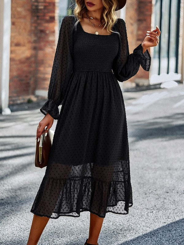 Chloe® | Smocked long sleeve polka dot dress