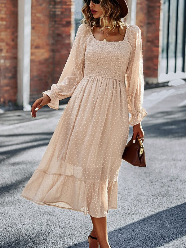 Chloe® | Smocked long sleeve polka dot dress