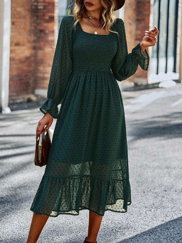 Chloe® | Smocked long sleeve polka dot dress