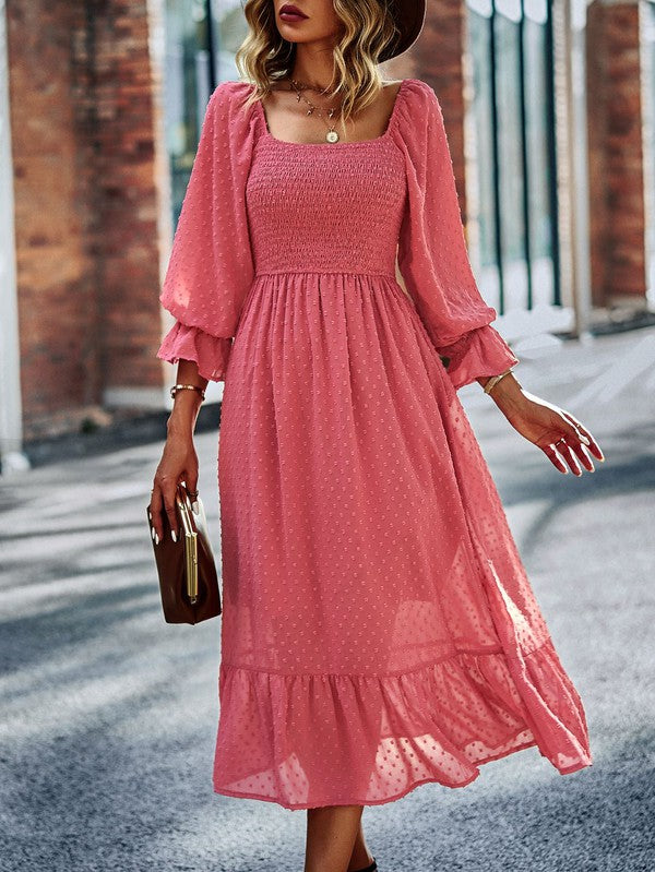 Chloe® | Smocked long sleeve polka dot dress