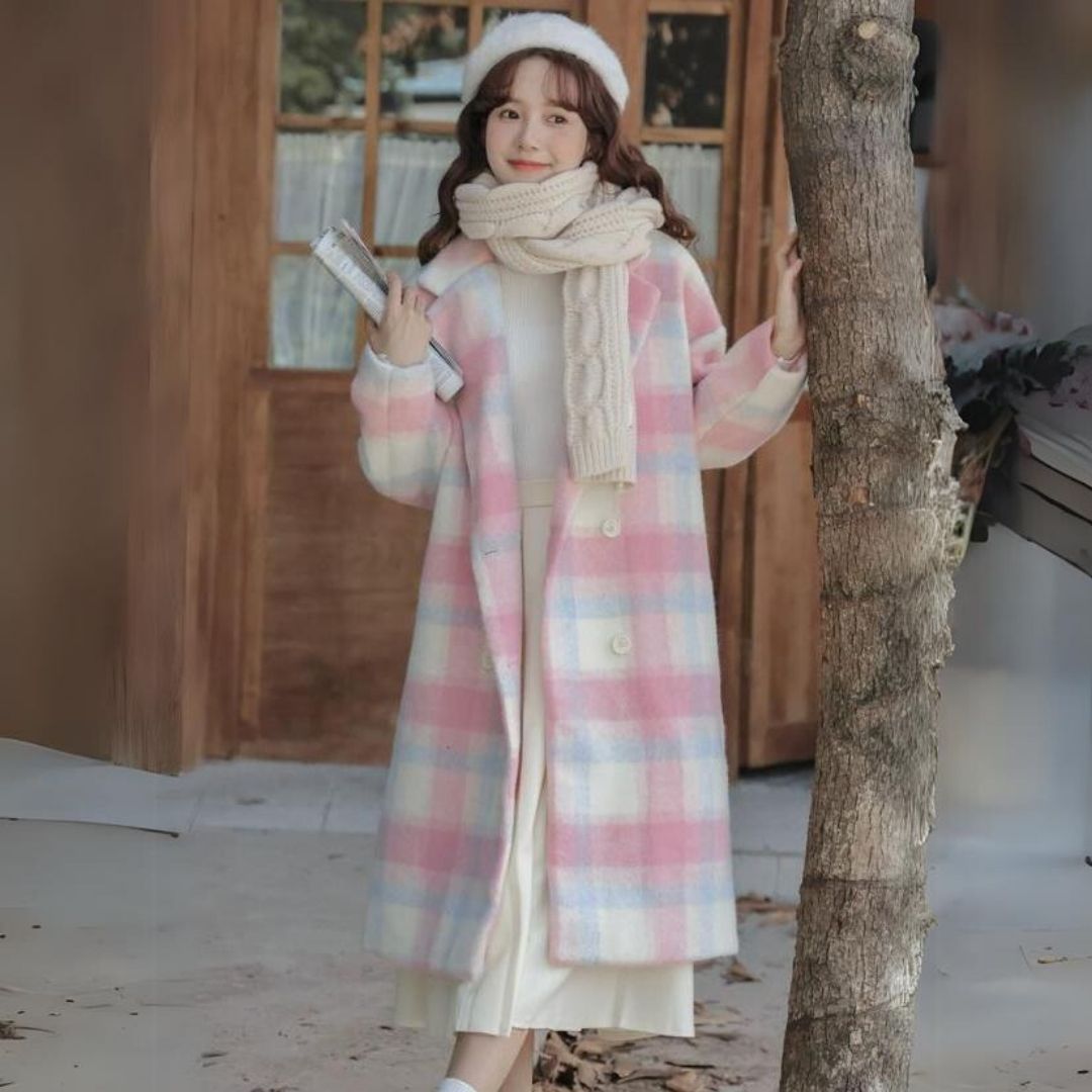Carlota | Women's wool blend coat with pastel checks and double-breasted buttons