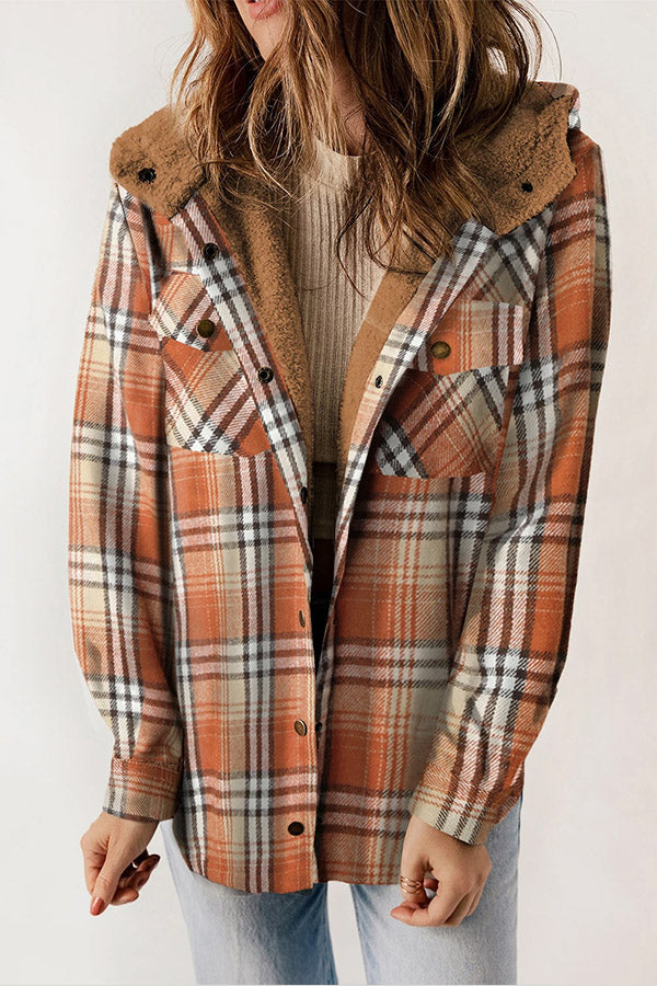 Agustina® | Snap Button Sherpa Lined Hooded Flannel Jacket