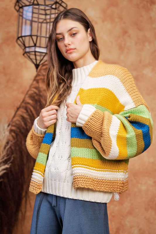 Clara® | Contrast striped, open front cardigan with lantern sleeves