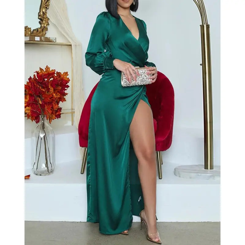 Alejandra® | Dark Green Satin Midi Dress