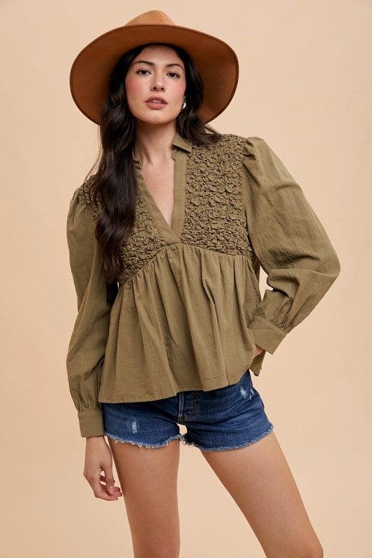 Addison® | Long-sleeved babydoll blouse with a smocked front