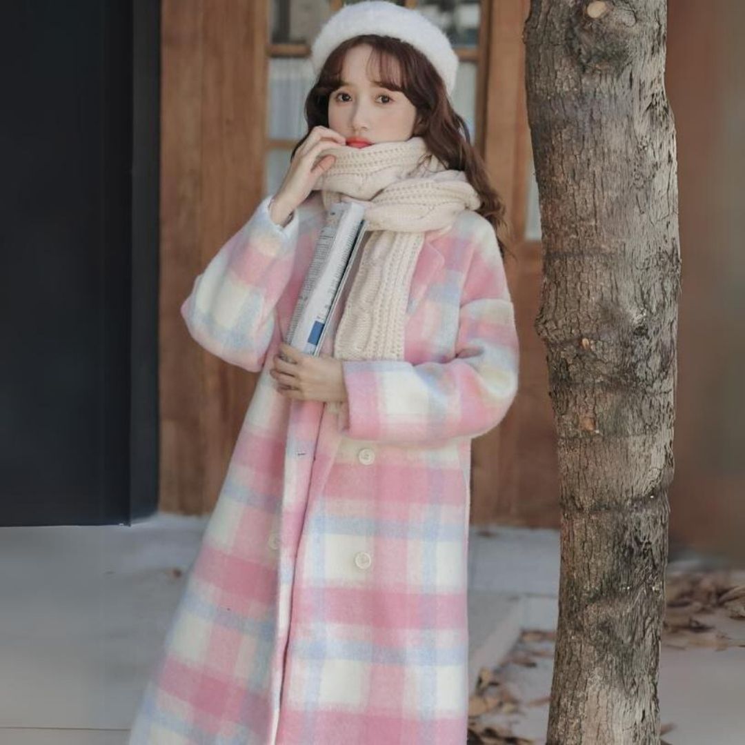 Carlota | Women's wool blend coat with pastel checks and double-breasted buttons