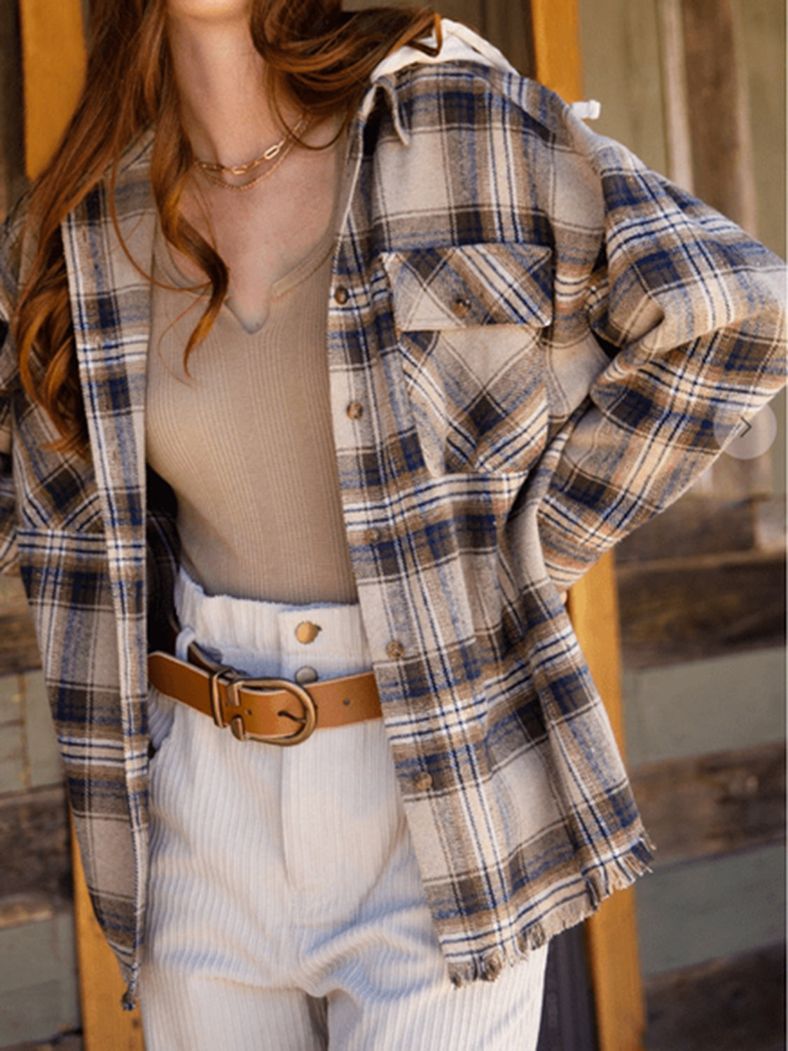 Carmen® | Checked long sleeve hooded jacket with raw hem