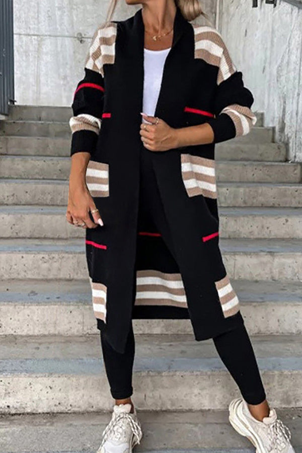 Amanda® | Casual Street Striped Patchwork V Neck Outerwear