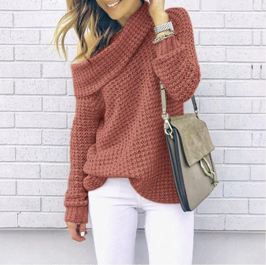 Women’s Sweater – One-Shoulder Off-Shoulder – Relaxed Fit – Textured Knit Lapel Design