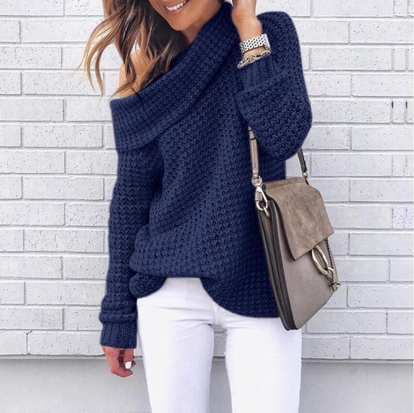 Women’s Sweater – One-Shoulder Off-Shoulder – Relaxed Fit – Textured Knit Lapel Design
