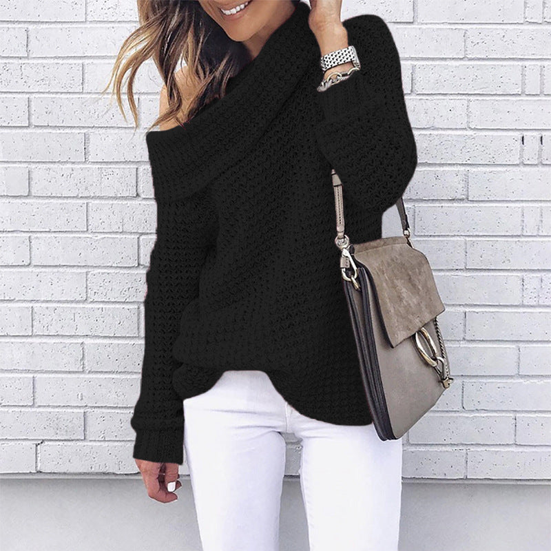 Women’s Sweater – One-Shoulder Off-Shoulder – Relaxed Fit – Textured Knit Lapel Design