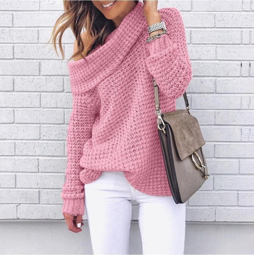 Women’s Sweater – One-Shoulder Off-Shoulder – Relaxed Fit – Textured Knit Lapel Design