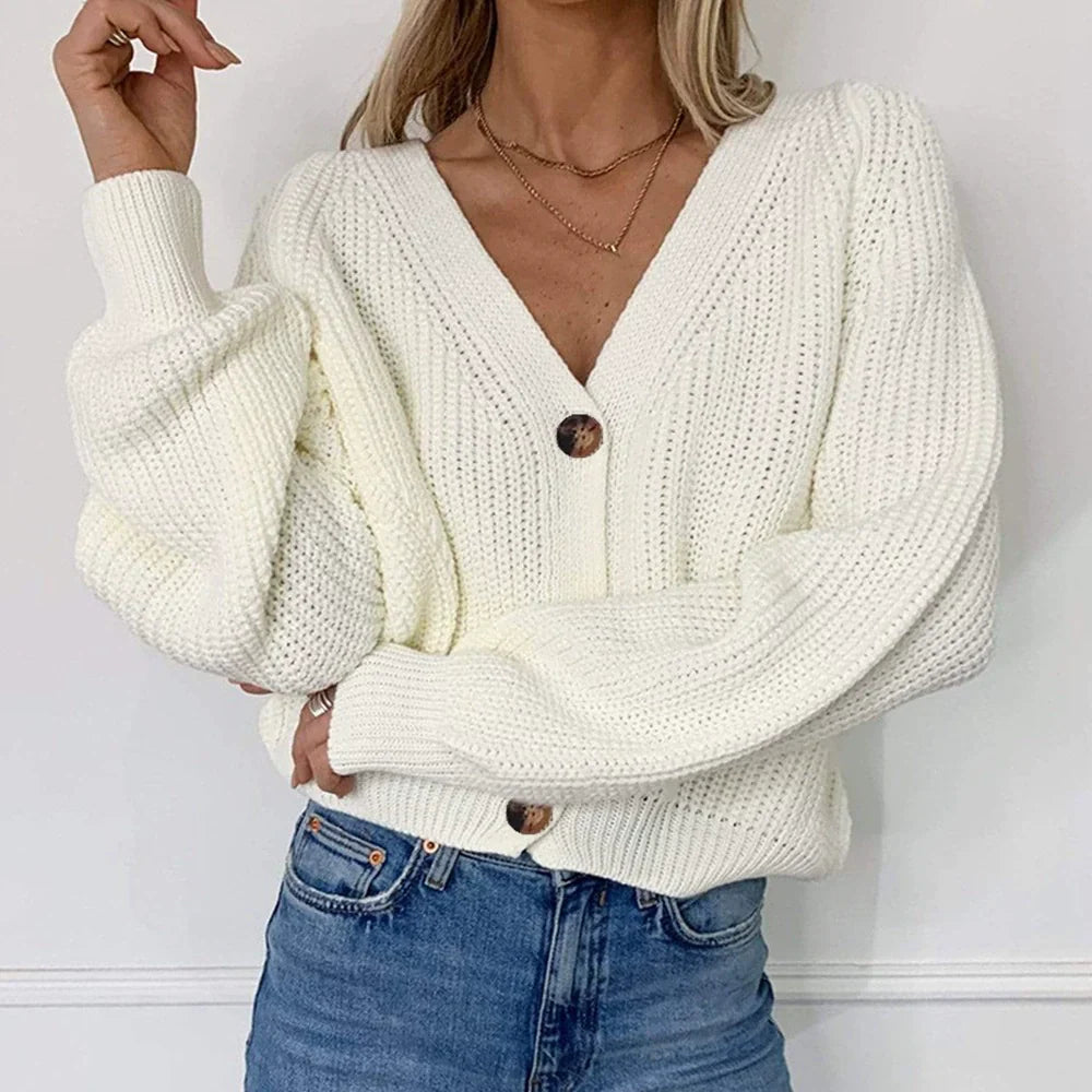 Women’s Cardigan Jacket – Chunky Knit – Relaxed Fit – V-Neck Button Front – Ribbed Hem