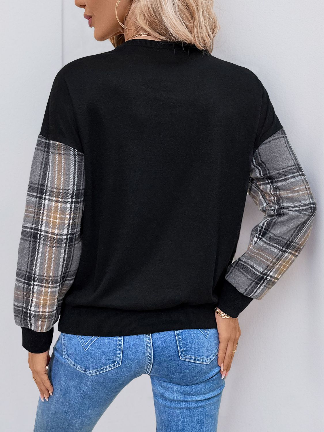 Catarina® | Perfee checked long sleeve crew neck sweatshirt