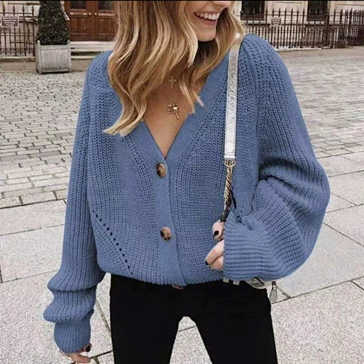 Women’s Cardigan Jacket – Chunky Knit – Relaxed Fit – V-Neck Button Front – Ribbed Hem