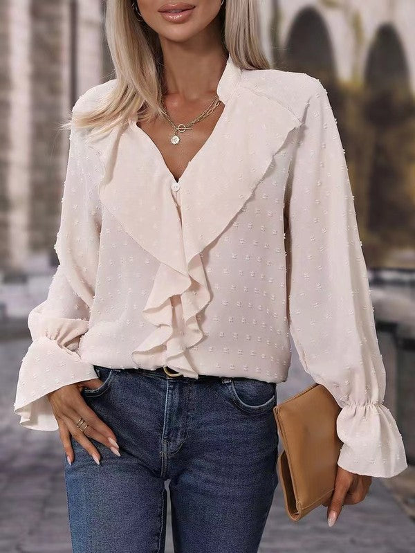 Angela® | Elegant Long-Sleeved V-Neck Blouse With Swiss Dot Ruffle