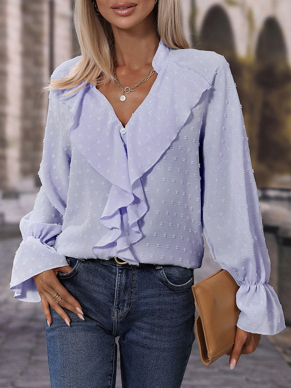 Angela® | Elegant Long-Sleeved V-Neck Blouse With Swiss Dot Ruffle