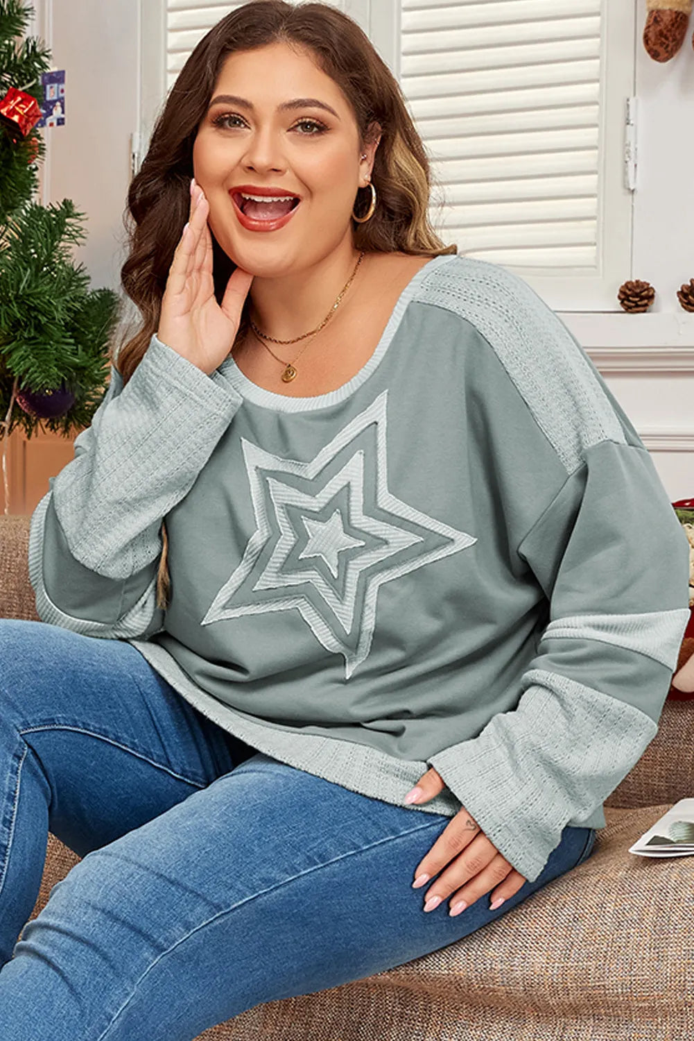 Carolin® | Plus size long sleeve star crew neck top