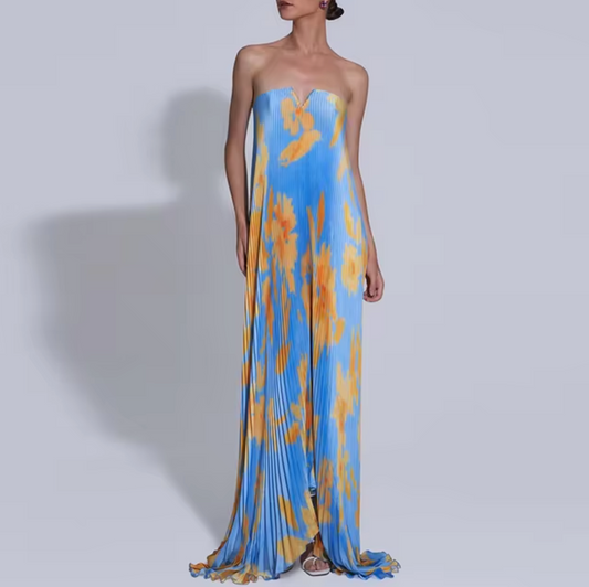 Angela® | Long bandeau dress with floral pattern and pleats