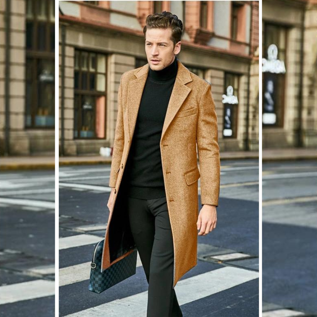 Men’s Coat – Tailored Fit – Wool Blend – Knee Length – Lapel Collar Formal Style