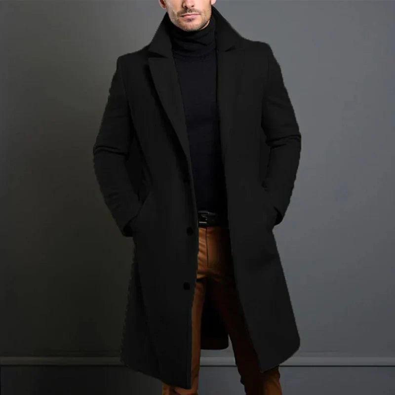 Men’s Wool Coat – Tailored Fit – Full Length – Notched Lapel – Formal Outerwear