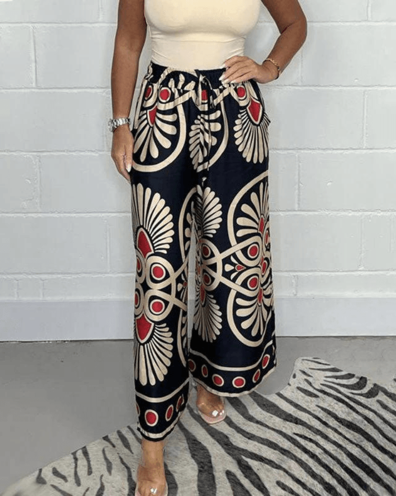 Queniva | Elegant High Waist Palazzo Trousers with Elastic Drawstring