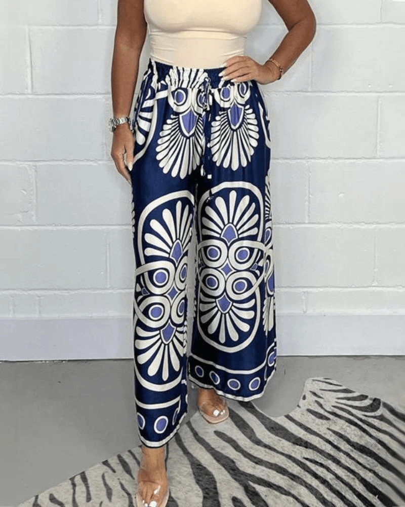 Queniva | Elegant High Waist Palazzo Trousers with Elastic Drawstring